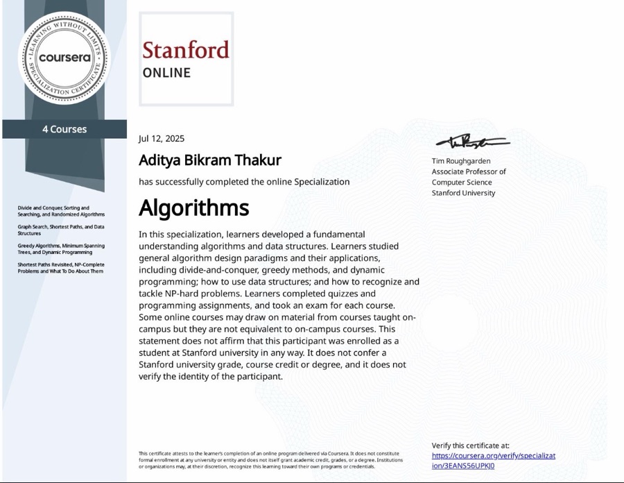 Coursera certificate showing Aditya Bikram Thakur completed Stanford's Algorithms Specialization on July 12, 2025.