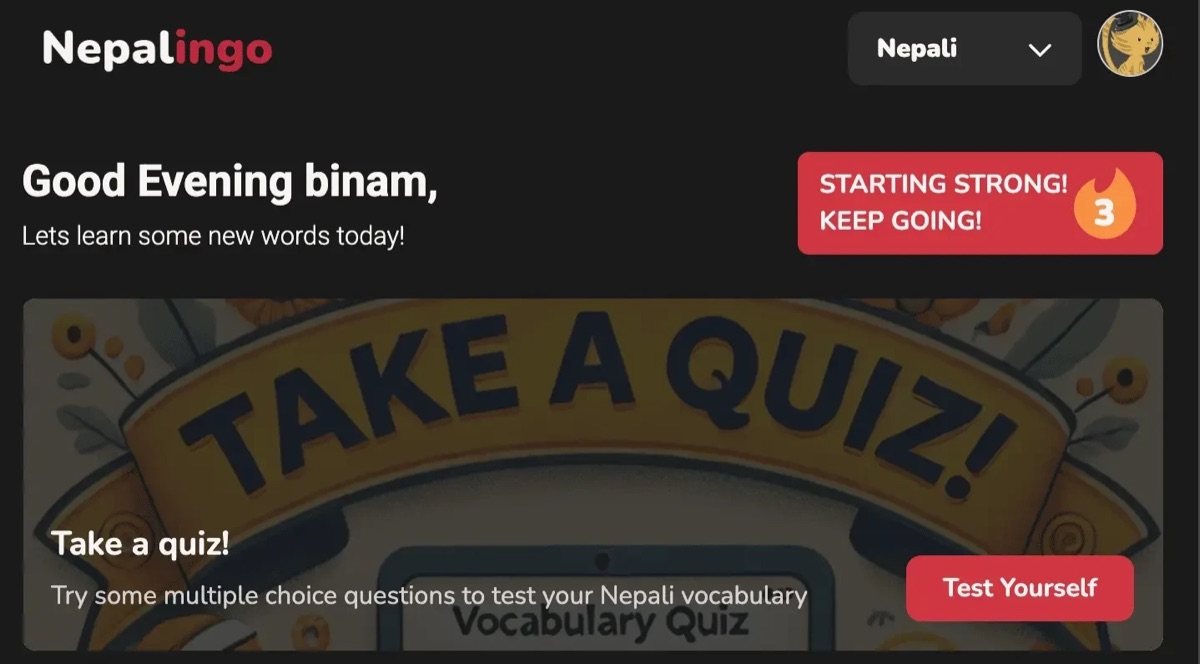 Nepalingo's home screen: a greeting, a three-day streak badge, and a Take a quiz card for Nepali vocabulary.